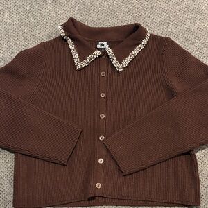 Olive & Oak Chocolate Cardigan with Beaded Collar